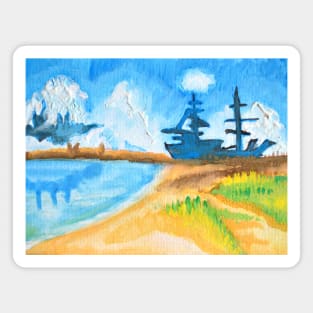Beautiful Boat Beach Scenery - Watercolor on Canvas Magnet